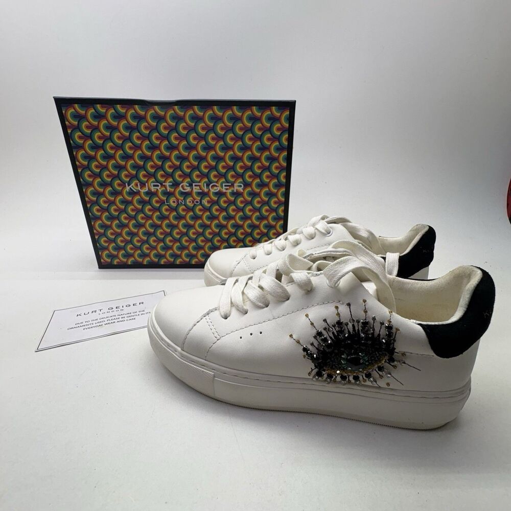 Kurt Geiger London Laney Evil Eye Leather Platform Sneakers White Womens US 7.5